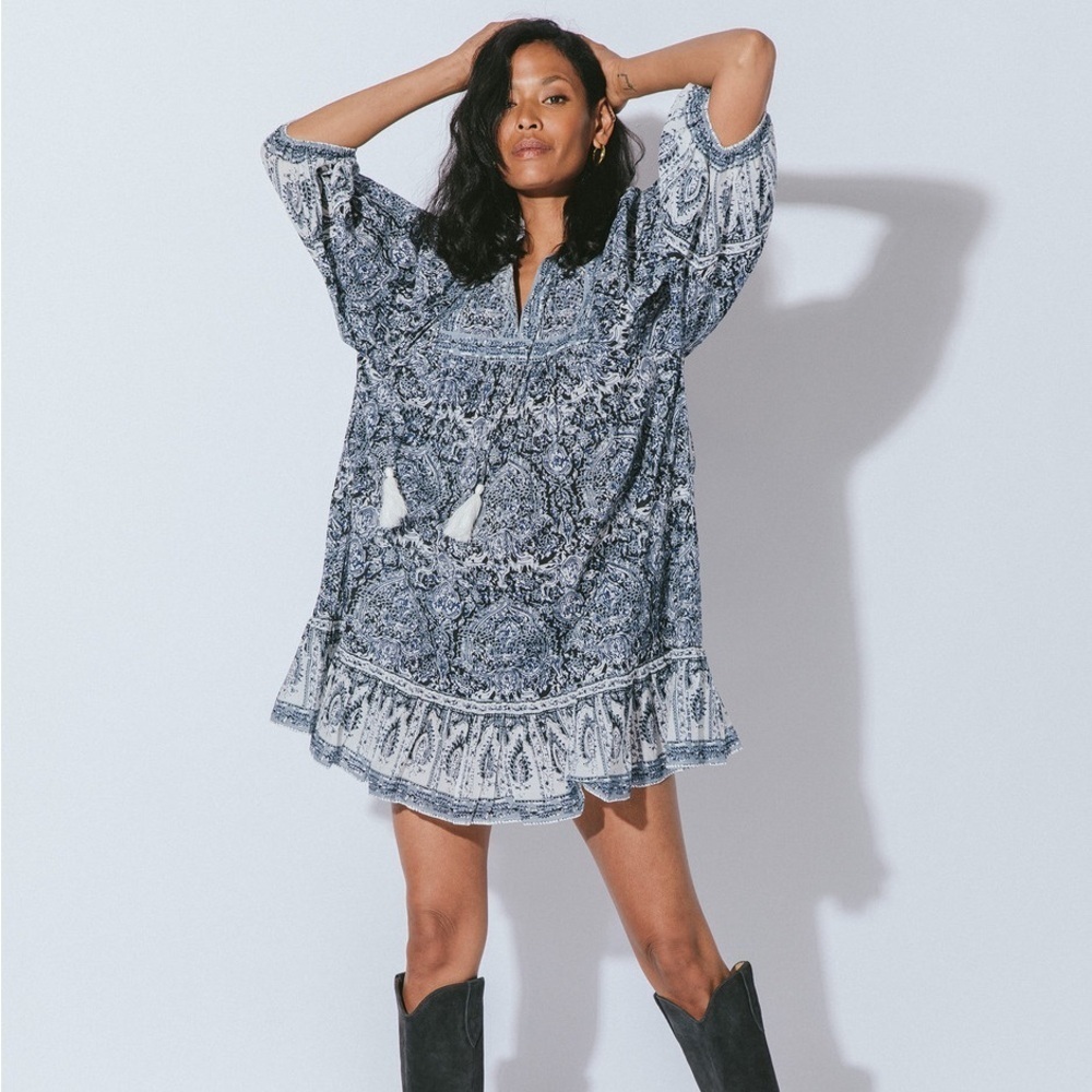 NWOT Cleobella Long Sleeve Blue Magdalena Mini Dress Rishi Block Print